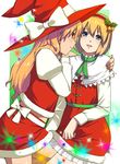  alice_margatroid bad_id bad_pixiv_id bell between_thighs blonde_hair blue_eyes christmas couple hairband hands_on_shoulders hat inuzuka_bouru kirisame_marisa long_hair multiple_girls ribbon santa_costume short_hair touhou yuri 