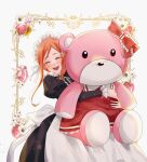  1girl absurdres apron black_dress bleach bleach:_brave_souls commentary cowboy_shot dress flower hair_ornament half-closed_eyes highres holding holding_stuffed_toy inoue_orihime inoue_orihime_(the_manor) juliet_sleeves long_sleeves maid maid_headdress open_mouth orange_eyes orange_hair oversized_object pink_flower pink_rose puffy_sleeves rose sela_(chanppu) smile solo stuffed_animal stuffed_toy teddy_bear white_apron 