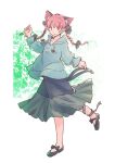  1girl alternate_costume animal_ear_fluff animal_ears blue_hoodie bow braid cat_ears cat_tail clothes_writing commentary_request extra_ears full_body green_bow green_ribbon green_shoes green_skirt hair_bow hood hoodie kaenbyou_rin leg_ribbon long_hair long_sleeves looking_at_viewer multiple_hair_bows multiple_tails nekomata open_mouth pointy_ears rangycrow red_hair ribbon shoes skirt smile solo tail touhou twin_braids two_tails 