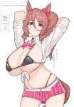  1girl alternate_costume animal_ears arms_up belt bikini black_bikini black_choker bow bowtie breasts brown_hair choker collared_shirt commentary_request contrapposto cowboy_shot drill_hair ear_bow highres horse_ears horse_girl horse_tail large_breasts long_hair loose_bowtie miniskirt navel norn_ace_(umamusume) pendant_choker pink_bow pink_skirt plaid_clothes plaid_skirt red_bow shirt side_drill simple_background skirt sleeves_rolled_up solo stomach swimsuit tail tied_shirt triangle_mouth umamusume umamusume:_cinderella_gray watermark white_background white_belt white_shirt zenchou24cm 