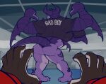 4_arms 5:4 anthro bottomless bottomless_anthro bottomless_male butt claws clothed clothing dragon duo fangs felid first_person_view gaap_(kings_of_hell) horn kings_of_hell leopard male male/male male_pov mammal multi_arm multi_limb muscular muscular_anthro muscular_butt muscular_male mythological_creature mythological_scalie mythology nommz ose_(kings_of_hell) pantherine purple_body purple_scales raised_tail reaching_out reaching_towards_another rear_view scales scalie shirt shirt_only smile smirk t-shirt t-shirt_only tail teeth topwear topwear_only