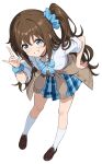  1girl absurdres blue_bow blue_bowtie blue_eyes blue_scrunchie blue_skirt blush bow bowtie brown_hair cardigan cardigan_around_waist clothes_around_waist collared_shirt commentary_request fox_shadow_puppet full_body grin gyarugasaki hair_ornament hair_scrunchie highres kneehighs loafers long_hair looking_at_viewer love_live! love_live!_nijigasaki_high_school_idol_club nail_polish one_side_up osaka_shizuku plaid_bow plaid_bowtie plaid_clothes plaid_skirt pleated_skirt scrunchie shirt shoes sidelocks simple_background skirt smile socks solo white_background white_shirt white_socks wrist_scrunchie zaofeng 