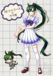  1girl animal_ears blue_dress bow bowtie brown_shoes chibi chibi_inset china_dress chinese_clothes collarbone commentary_request dress drop_shadow fire_emblem fire_emblem:_the_blazing_blade fire_emblem_heroes full_body fur_trim green_eyes green_hair grid_background high_ponytail highres horse_ears horse_girl horse_tail horseshoe_ornament loafers long_hair looking_at_viewer lyn_(fire_emblem) lyn_(plains_wind)_(fire_emblem) outline pleated_skirt ponytail puffy_short_sleeves puffy_sleeves purple_bow purple_bowtie purple_shirt running sailor_collar school_uniform seyeong_grim shirt shoes short_sleeves skirt smile tail thighhighs tracen_school_uniform translation_request umamusume very_long_hair white_outline white_skirt white_thighhighs zettai_ryouiki 