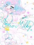  1girl :d ahoge aqua_eyes aqua_hair back_bow bow character_name commentary_request cowboy_shot cure_milky from_behind hagoromo_lala looking_at_viewer looking_back magical_girl medium_hair nene_(oneoneo13) pointy_ears precure puffy_short_sleeves puffy_sleeves see-through_clothes see-through_sleeves short_sleeves simple_background smile solo star_color_pen star_twinkle_precure white_background white_bow 