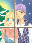  1girl artist_request blonde_hair blue_eyes blush christmas claire_(harvest_moon) dark_skin harvest_moon hat kai_(harvest_moon) long_hair short_hair snow window 