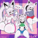 1:1 absurd_res angry anthro armwear barefoot big_butt bikini bikini_thong bikini_top biped blush bottomwear bubble_butt butt butt_focus censored_text cheek_tuft clothed clothing denim denim_bottomwear denim_clothing denim_shorts digital_media_(artwork) drawktus facial_tuft feet femboy feminine fishnet_armwear fishnet_clothing fishnet_legwear fluffy fluffy_tail fur g-string gesture glare hair hand_gesture heart_symbol hi_res hime_cut hotpants inner_ear_fluff kneeling lagomorph leaning leaning_on_wall legwear leporid looking_at_viewer looking_back male mammal middle_finger one_eye_closed oversized_clothing oversized_shirt oversized_topwear pink_clothing ponytail profanity rabbit shawl shirt shorts sitting small_bulge smile smiling_at_viewer solo swimwear tail thick_thighs thigh_focus thong tongue tongue_out topwear tuft two-piece_swimsuit underwear v_sign white_body white_fur wink
