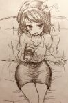  1girl absurdres blush buttons collarbone collared_shirt commentary_request cup dateless_bar_"old_adam" efukei greyscale hair_ribbon highres holding holding_cup looking_at_viewer medium_hair monochrome open_mouth ribbon shirt shirt_tucked_in short_sleeves sitting sketch skirt solo touhou traditional_media usami_renko 