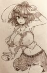  1girl absurdres alternate_costume armpits bag belt blush collared_shirt commentary_request efukei hat highres looking_at_viewer medium_hair midriff missing_wings navel necktie open_mouth shameimaru_aya shirt shoulder_bag skirt smile solo tokin_hat touhou traditional_media 