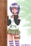  blue_eyes candy food lollipop maki_michaux plaid plaid_skirt purple_hair rosario+vampire shirayuki_mizore short_hair skirt smile solo striped striped_legwear thigh_strap thighhighs 