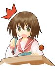  brown_hair chopsticks fang food highres kusakabe_misao lucky_star meatball nashigami_tsubute open_mouth short_hair solo surprised 