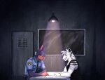 absurd_res angry anthro arrested black_body black_fur canid canine canis clothing cryotaiga cuff_(restraint) dim_lighting dobermann domestic_dog door duo felid fur grey_body grey_fur grin hair handcuffs hi_res interrogation light_bulb male mammal metal_cuffs pantherine paper piercing pinscher police police_officer police_uniform restraints shirt smile snow_leopard tank_top tiger topwear toynako uniform white_body white_fur window
