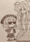  2girls asymmetrical_sidelocks bow bowtie breasts capelet collared_shirt commentary_request crying crying_with_eyes_open deformed dress efukei elbow_gloves frilled_skirt frills gloves greyscale hair_bow hat hat_bow hat_ribbon highres kneeling large_breasts long_arms long_hair medium_hair mob_cap monochrome multiple_girls open_mouth ribbon ribbon-trimmed_skirt ribbon_trim shirt shirt_tucked_in sidelocks sketch skirt standing sunglasses tears touhou traditional_media translation_request trembling usami_renko yakumo_yukari 
