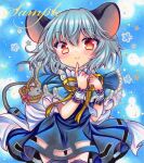  1girl animal_ears back_bow basket black_dress blue_background blue_capelet blush bow capelet closed_mouth commentary_request dress floral_background frilled_capelet frilled_wrist_cuffs frills grey_hair hair_between_eyes holding holding_with_tail jewelry looking_at_viewer marker_(medium) medium_hair mouse_(animal) mouse_ears mouse_girl mouse_tail nazrin neck_ribbon necklace pendant prehensile_tail red_eyes ribbon rui_(sugar3) sample_watermark smile solo tail touhou traditional_media watermark white_bow white_wrist_cuffs wrist_cuffs yellow_ribbon 