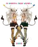  2girls animal_ears cow_ears cow_tail hands_in_pockets highres horns long_hair multiple_girls navel new_year original sheepme shorts suspenders tail thighhighs 