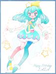  1girl antennae aqua_eyes aqua_hair border choker commentary_request cure_milky full_body hagoromo_lala hair_ornament happy_birthday long_hair magical_girl nene_(oneoneo13) outside_border precure puffy_shorts puffy_sleeves see-through_clothes see-through_sleeves shooting_star_hair_ornament shorts simple_background single_leg_pantyhose smile solo star_(symbol) star_hair_ornament star_twinkle_precure white_background wrist_cuffs 