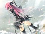  ass black_panties blood bow buddy_(megiddo) drill_hair dutch_angle from_behind game_cg gothic gothic_lolita hair_bow ice karen_(artist) kimi_ga_yobu_megiddo_no_oka_de lolita_fashion long_hair panties pink_hair polearm scythe snow solo spear thighhighs underwear upskirt weapon wind 