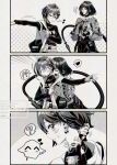  !? 2girls animal_ear_piercing animal_ears belle_(zenless_zone_zero) blush earrings heart highres jane_doe_(zenless_zone_zero) jewelry kiss kissing_neck monochrome mouse_ears mouse_girl mouse_tail multiple_girls musical_note muutsurose necklace short_hair spoken_heart spoken_interrobang spoken_musical_note tail zenless_zone_zero 