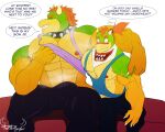 2023 abs absurd_res age_difference anthro areola arm_around_shoulders aroused artist_logo artist_name ball_bulge barazoku big_bulge big_muscles black_bottomwear black_clothing black_pants blue_tank blush bodily_fluids body_hair bottomwear bowser bowser_day bowser_jr. bulge claws clothing colored detailed_bulge dialogue duo english_text father_(lore) father_and_child_(lore) father_and_son_(lore) finger_claws fingers front_view green_body hair happy_trail head_turned hi_res humanoid_hands incest_(lore) incestuous_temptation_(lore) koopa logo looking_aside male male/male mario_bros medium_hair muscular muscular_anthro muscular_male musk navel nintendo nipples non-mammal_navel non-mammal_nipples orange_body orange_hair pants parent_(lore) parent_and_child_(lore) parent_and_son_(lore) pecs pink_clothing pink_shirt pink_tank_top pink_topwear ponytail scalie shaded shirt short_hair simple_background sitting smile smirk son_(lore) speech_bubble sweat sweatdrop sweaty_body tank_top tenting terrethemageslayer text thought_bubble topwear white_background wide_eyed yellow_body