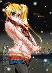  ahoge bespectacled blonde_hair cityscape cowboy_shot glasses green_eyes hands_clasped heterochromia highres hood hoodie j-wabe long_hair lyrical_nanoha mahou_shoujo_lyrical_nanoha_strikers night night_sky older open_mouth outdoors own_hands_together pantyhose plaid ponytail red_eyes scarf side_ponytail skirt sky snow solo stretch vivio water 