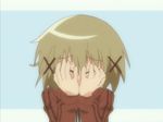  animated animated_gif blonde_hair blush brown_eyes brown_hair covering_eyes embarrassed hair_ornament hidamari_sketch lowres scared short_hair solo x_hair_ornament yuno 