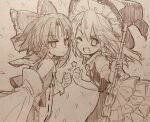  2girls :d ;d absurdres ascot bamboo_broom blush bow braid broom commentary_request detached_sleeves efukei frilled_bow frilled_hair_tubes frills hair_bow hair_tubes hakurei_reimu hat hat_bow highres holding holding_broom kirisame_marisa long_hair multiple_girls one_eye_closed puffy_short_sleeves puffy_sleeves ribbon-trimmed_sleeves ribbon_trim short_sleeves side_braid single_braid skirt smile star_(symbol) touhou traditional_media vest witch_hat 