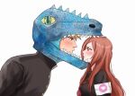  1boy 1girl absurdres black_jacket bleach bleach:_the_high_school_warfare blush breasts brown_eyes brown_hair commentary dinosaur_head gakuran hair_down highres inoue_orihime jacket kurosaki_ichigo large_breasts leaning_forward long_hair orange_hair pout puckered_lips school_uniform sela_(chanppu) serafuku 