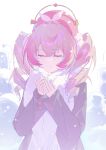  1girl absurdres alternate_costume black_jacket closed_eyes closed_mouth commentary dodder7777 drill_hair english_commentary facing_viewer hair_between_eyes hair_ornament hair_scrunchie hands_up hat highres honkai:_star_rail honkai_(series) hyacine_(honkai:_star_rail) jacket pink_hair red_hat scarf scrunchie snow snowing solo twin_drills upper_body white_background white_scarf white_scrunchie winter_clothes 