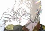 1boy adjusting_eyewear blonde_hair blue_eyes char_aznable commentary epaulettes glasses gloves gundam halcyon_(gugfuggugfug) highres jacket looking_at_viewer male_focus military_jacket military_uniform mobile_suit_gundam open_mouth portrait short_hair simple_background solo untranslatable_commentary white_background white_gloves 