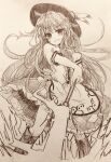  1girl :d absurdres ahoge apron blouse blush boots bow bowtie buttons collared_shirt commentary_request efukei feet_out_of_frame food frilled_shirt frilled_skirt frills fruit graphite_(medium) greyscale hat highres hinanawi_tenshi holding holding_weapon lace-up_boots leaf long_hair looking_at_viewer messy_hair monochrome one-hour_drawing_challenge open_mouth outstretched_arm peach puffy_short_sleeves puffy_sleeves shirt short_sleeves skirt smile solo sword_of_hisou touhou traditional_media very_long_hair weapon 