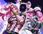  1boy arm_tattoo aura belt clenched_teeth diavolo fishnet_top fishnets green_belt green_eyes hand_on_own_face highres jojo_no_kimyou_na_bouken king_crimson_(stand) long_hair maskoo185826 navel pants pink_hair polka_dot polka_dot_hair purple_pants spotted_hair stand_(jojo) star_(symbol) tattoo teeth toned toned_male veins veiny_hands vento_aureo 