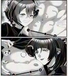  2girls abs animal_ear_piercing animal_ears belle_(zenless_zone_zero) blush clothes_lift earrings hair_ornament heart highres jane_doe_(zenless_zone_zero) jewelry letter_hair_ornament lifting_own_clothes lipstick lipstick_mark lipstick_mark_on_stomach makeup monochrome mouse_ears mouse_girl multiple_girls muutsurose short_hair viewfinder zenless_zone_zero 