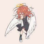  1boy adjusting_clothes angel_devil_(chainsaw_man) angel_wings artist_name black_dress black_ribbon black_socks bread bread_slice chainsaw_man collared_shirt commentary commentary_request dress food food_in_mouth full_body hair_between_eyes halo highres hn_(artist) long_hair long_sleeves male_focus mouth_hold neck_ribbon no_nose pinafore_dress red_eyes red_hair ribbon shirt shoes simple_background sleeveless sleeveless_dress sneakers socks solo standing toast toast_in_mouth translation_request untranslatable_commentary white_background white_shirt white_wings wind wings yellow_halo 