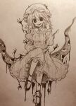  1girl absurdres collar commentary_request dress efukei frilled_dress frills gap_(touhou) hand_up hat highres juliet_sleeves long_sleeves looking_at_viewer maribel_hearn mob_cap monochrome one-hour_drawing_challenge puffy_sleeves shoes smile solo touhou traditional_media yukari_is_merry_theory_(touhou) 
