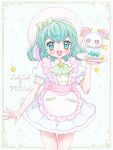  1girl antennae apron aqua_eyes aqua_hair ascot border buttons character_name collared_dress commentary_request cowboy_shot double-breasted dress fairy frilled_apron frills fuwa_(precure) hagoromo_lala holding holding_plate inset_border medium_hair nene_(oneoneo13) ornate_border outside_border plate precure puffy_short_sleeves puffy_sleeves short_sleeves simple_background star_twinkle_precure white_background white_dress 