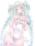  1girl absurdres aqua_bow aqua_bowtie aqua_eyes aqua_hair aqua_nails belt bow bowtie braid breasts commentary_request covered_navel cowboy_shot fishnet_pantyhose fishnets hatsune_miku heart heart_hands highleg highleg_leotard highres leotard long_hair nail_polish pantyhose riara_(lial_artistic) scrunchie signature simple_background skindentation small_breasts smile solo standing thigh_belt thigh_strap twin_braids vocaloid white_background white_leotard white_pantyhose wrist_scrunchie 