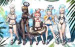  5girls absurdres akane_(blue_archive) alternate_costume aqua_nails asuna_(blue_archive) asymmetrical_bangs bikini black-framed_eyewear black_hair black_one-piece_swimsuit blonde_hair blue_archive blue_eyes blue_halo blue_nails blue_visor breasts brown_eyes brown_hair brown_halo cleaning_&amp;_clearing_(blue_archive) cleavage commentary_request cup dark-skinned_female dark_skin disposable_cup double_bun drinking drinking_straw eyewear_on_head fingernails full_body hair_between_eyes hair_bun hair_over_one_eye halo hand_on_own_hip hand_up high_heels highres karin_(blue_archive) korean_commentary large_breasts long_hair looking_at_viewer medium_breasts mole mole_on_breast multiple_girls nail_polish navel neru_(blue_archive) one-piece_swimsuit purple_halo red_bikini red_eyes red_hair sandals single_off_shoulder small_breasts smile standing stomach sunglasses swimsuit thigh_strap toki_(blue_archive) v very_dark_skin very_long_hair walking_nakta water yellow_eyes 