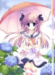  absurdres copyright_request flower highres hydrangea long_hair mitha pink_hair purple_eyes rain school_uniform solo striped striped_legwear thighhighs umbrella zettai_ryouiki 