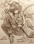  1girl absurdres asymmetrical_wings bow bowtie breasts commentary_request dress efukei full_body grin high_heels highres holding holding_polearm holding_weapon houjuu_nue looking_at_viewer medium_breasts medium_hair polearm short_sleeves smile solo thighhighs touhou traditional_media trident weapon wings 