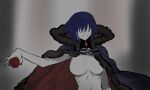  1girl apple blue_eyes breasts ciel_(tsukihime) cloak commentary_request facing_viewer food fruit fur-trimmed_cloak fur_trim hair_over_eyes high_collar highres holding holding_food holding_fruit large_breasts michael_roa_valdamjong nail_polish naked_cloak navel no_nipples possessed roa-ciel s67569077 short_hair smile tsukihime tsukihime_(remake) upper_body vampire 