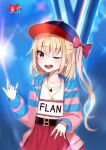 1girl :d ;d absurdres alternate_costume alternate_headwear baseball_cap belt black_hat blue_hoodie blush bow brown_belt commentary commentary_request contemporary cross cross_necklace english_commentary flandre_scarlet hair_bow hat highres hood hoodie jewelry long_hair long_sleeves looking_at_viewer multiple_rings necklace one_eye_closed open_clothes open_hoodie open_mouth pink_hoodie red_bow red_eyes red_skirt ring satori_(kxdm8872) shirt skirt smile solo striped_clothes striped_hoodie teeth touhou two-tone_hoodie upper_teeth_only white_shirt 