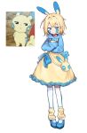  1girl absurdres animal_ears blonde_hair blue_eyes blue_hoodie blue_shoes closed_mouth commentary crossed_arms dress e_gyo facial_mark highres hood hoodie jitome kneehighs layered_legwear leg_warmers long_sleeves mary_janes minun personification pinafore_dress pokemon reference_inset shoes short_hair simple_background sleeveless sleeveless_dress socks standing untranslatable_commentary white_background white_socks yellow_leg_warmers 