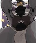  anthro armpit_hair asian_clothing beard belly big_bulge big_muscles big_pecs body_hair bottomwear bulge chest_hair clothed clothing crococola dialogue east_asian_clothing facial_hair facial_tuft fundoshi fundoshi_only fur fur_markings generation_8_pokemon hair hi_res japanese_clothing legendary_pokemon looking_at_viewer looking_down looking_down_at_viewer looming looming_over male markings muscular muscular_anthro muscular_male mustache neck_tuft nintendo pecs pokemon pokemon_(species) presenting pube_peek pubes pubes_exposed raised_arms slightly_chubby smile solo thick_thighs topless towering tuft underwear underwear_only urshifu 