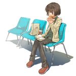  artist_request book brown_hair chair denim eating jeans lowres mcdonald's pants reading red_footwear shoes short_hair solo 