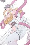  1girl absurdres angel angel_wings angewomon armpit_crease asymmetrical_clothes bare_shoulders belt blonde_hair bodysuit boobplate breasts cleavage clothing_cutout collarbone commentary covered_eyes digimon digimon_(creature) elbow_gloves english_commentary feathered_wings gloves hagoromo helmet helmet_over_eyes highres junkk_factory large_breasts long_hair multiple_wings navel o-ring o-ring_belt parted_lips shawl sidelocks signature simple_background single_elbow_glove skindentation solo standing standing_on_one_leg stomach stomach_cutout white_background white_bodysuit white_gloves wide_hips winged_helmet wings wrist_wings zipper 