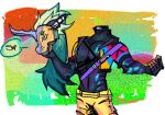 2025 4_eyes alpha_channel anthro black_body blonde_hair blue_horn bottomwear clothing cybernetics cyborg detachable detachable_head english_text equid equine green_bottomwear green_clothing green_pants hair headless holding_own_head horn machine male mammal modular multi_eye mythological_creature mythological_equine mythology pants simple_background solo speech_bubble text transparent_background unicorn zephirith