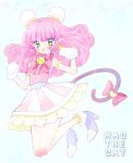 1girl armlet bell bow bowtie bun_cover cat_tail character_name full_body gloves green_eyes jewelry jingle_bell long_hair mao_(precure) nene_(oneoneo13) paw_pose pearl_armlet pink_bow pink_bowtie pink_hair precure simple_background skirt sleeveless smile solo star_twinkle_precure striped_clothes striped_skirt tail tongue tongue_out vertical-striped_clothes vertical-striped_skirt white_background white_gloves 