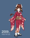  2009 blush brown_eyes brown_hair cow_tail esora_koto floral_print horns japanese_clothes kimono lowres new_year obi oekaki original pointy_ears sandals sash short_hair short_twintails simple_background socks solo standing tabi tail twintails 