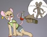 abuse anthro blood blood_on_face blue_bottomwear blue_clothing blue_shorts bodily_fluids bottomwear bravobunny brown_eyes clothing crying duo ear_piercing ear_tag evil_laugh green_clothing green_shirt green_t-shirt green_topwear grey_background hairless_tail hammer holding_hammer holding_object holding_tool laugh male mammal mouse murid murine piercing rodent sadism shirt shorts simple_background t-shirt tears tools topwear violence