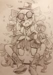  1girl :d absurdres bangle banknote boots bow bracelet closed_mouth coin commentary_request dress drill_hair efukei eyewear_on_head glasses hat hat_bow highres jewelry long_hair looking_at_viewer money multiple_rings necklace open_mouth pendant ring round_eyewear sitting smile solo sparkle top_hat touhou traditional_media twin_drills yorigami_jo'on yorigami_shion yukkuri_shiteitte_ne 