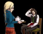  1girl asato_(artist) blonde_hair book braid brown_hair chair ellen_(folkssoul) folkssoul glasses green_eyes keats long_hair necktie ponytail short_hair skirt sweater tea 